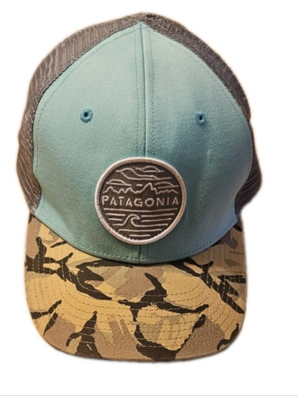 Patagonia Fitz Roy Trucker Hat Blue Gray Camo Snapback Ocean Logo Patch EUC